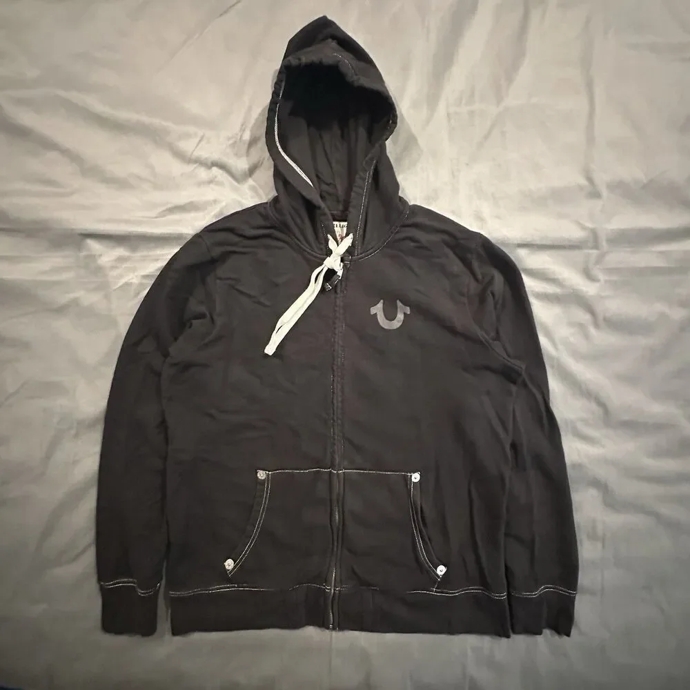 True Religion Hoodie World Tour Mens 2XL Full Zip Contrast Stitch Y2K Graphic